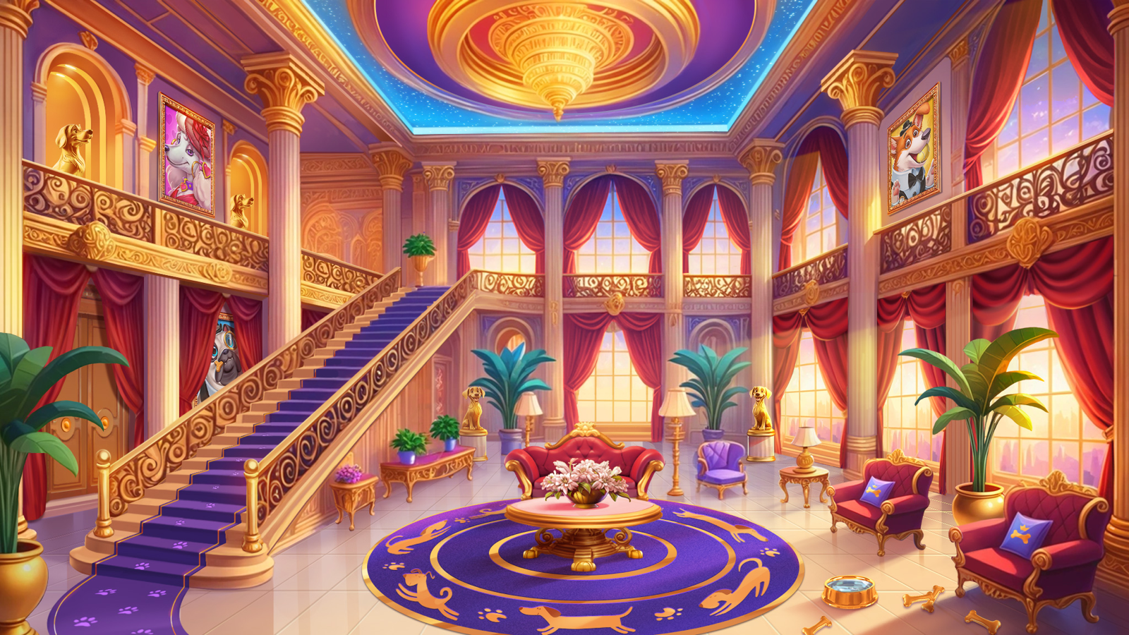 5 Doggy Millionares Dream Drop slot game background artwork by 4ThePlayer